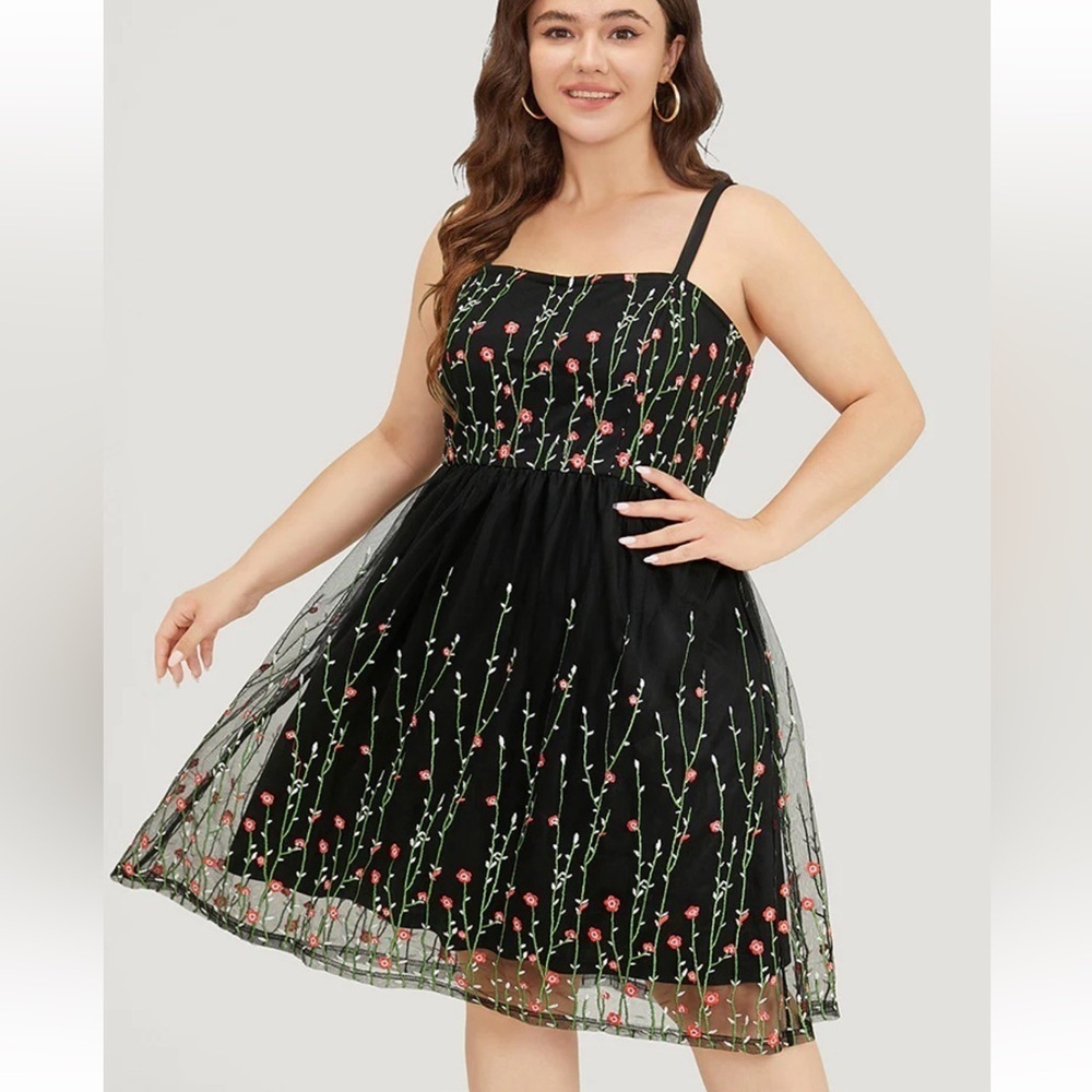 BloomChic Floral Embroidered Mesh Ruffle Hem Pocket Cami Dress